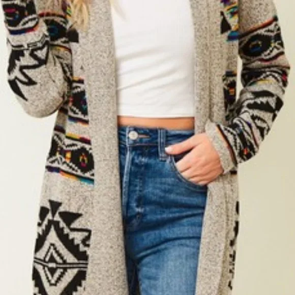 new ON BLUE SWEATER CARDIGAN WRAP boho western AZTEC TRIBAL TAUPE jacquard SM-3X - Picture 6 of 9